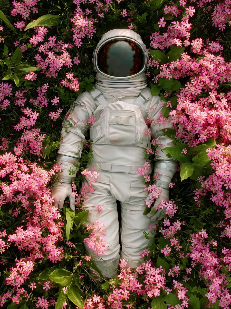 An astronaut in a white spacesuit lying in a bed of pink flowers